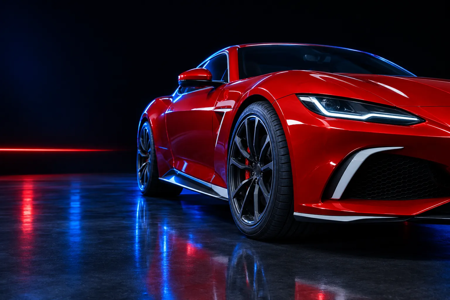 Auto sportiva rossa con ruota in primo piano